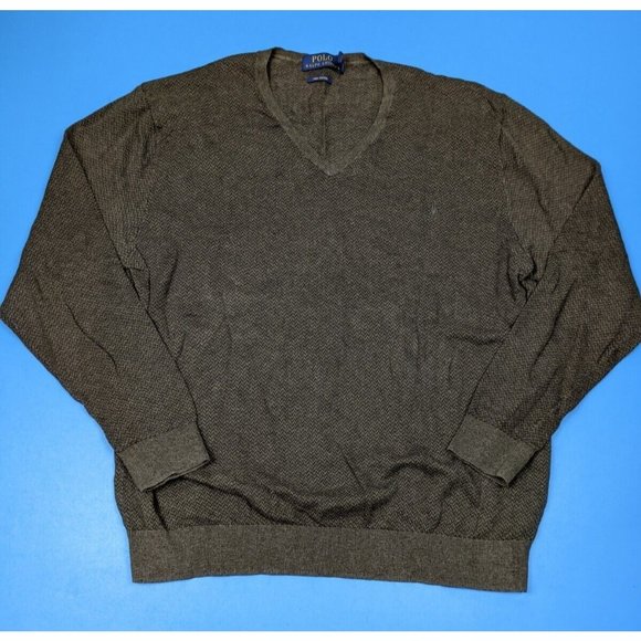 Polo Ralph Lauren Men Pima Cotton V-Neck Sweater Herringbone Pattern Brown Large - Picture 1 of 4